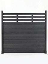Front view of black composite privacy fence panel with solid lower boards and slatted lattice top