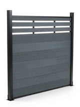 Light gray composite privacy fence panel with horizontal top lattice and dark posts, angled view
