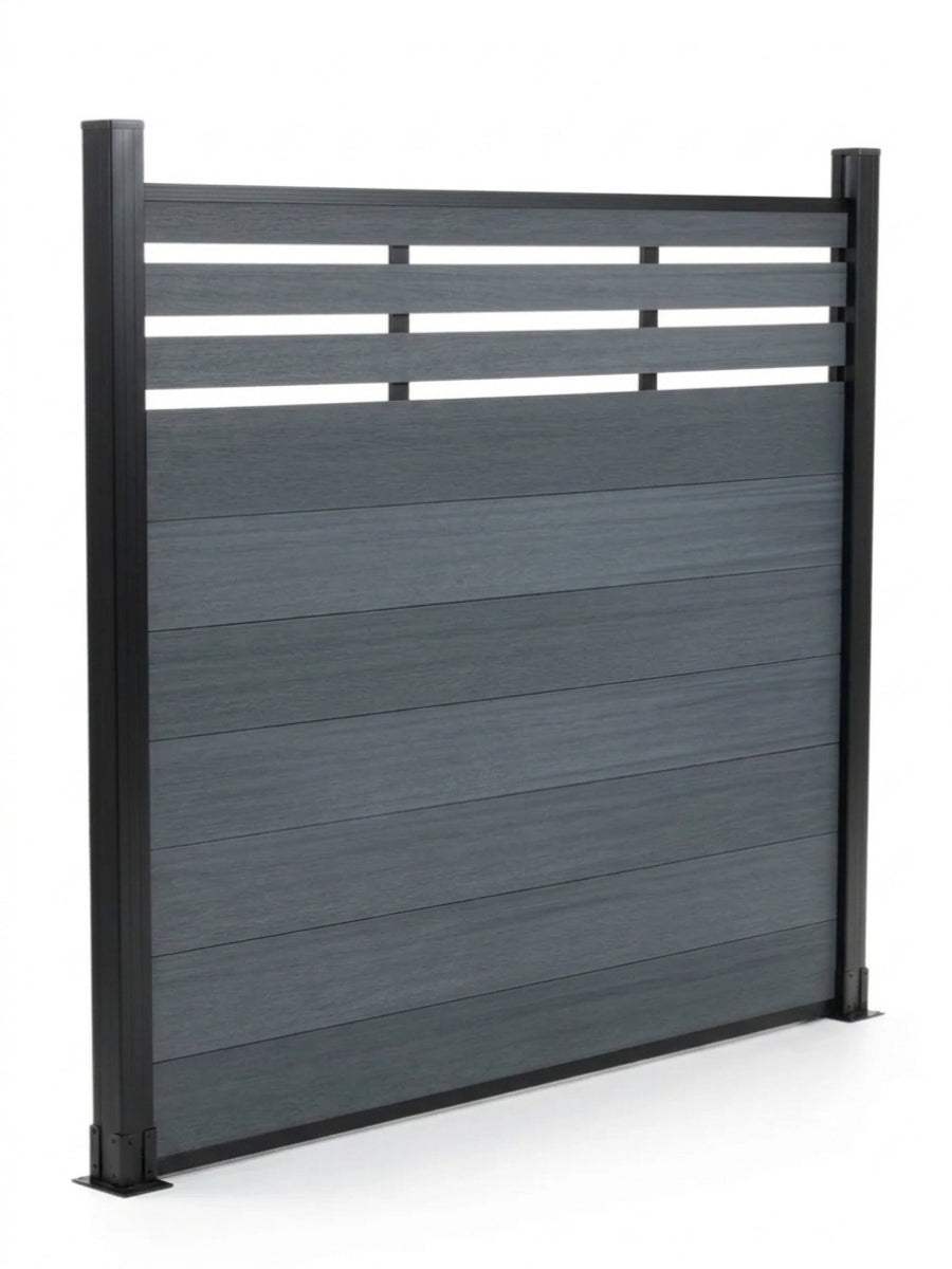 Light gray composite privacy fence panel with horizontal top lattice and dark posts, angled view