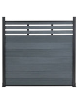 Front view of a light gray composite privacy fence panel with slatted lattice top
