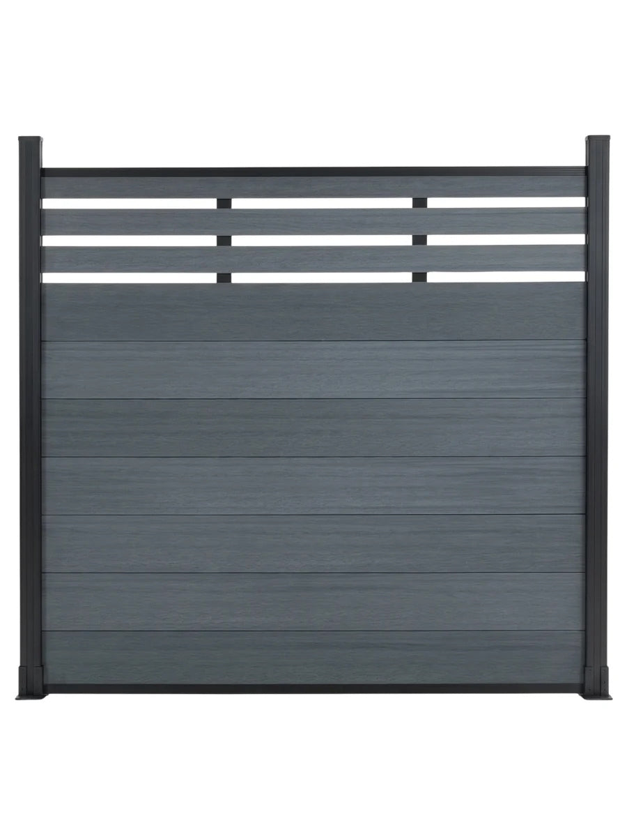Front view of a light gray composite privacy fence panel with slatted lattice top
