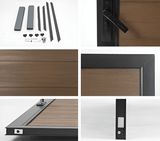 WPC Fence Gate Single 4ft x 6ft detail collage showing brown wood-grain panels, black metal frame, handle lock, posts and installation hardware.