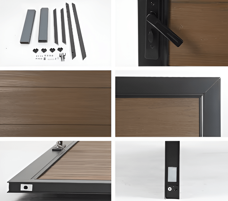 WPC Fence Gate Single 4ft x 6ft detail collage showing brown wood-grain panels, black metal frame, handle lock, posts and installation hardware.