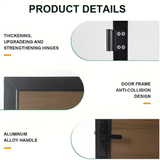 WPC Fence Gate Single 4ft x 6ft product details showing reinforced hinges, anti-collision black frame and aluminum alloy handle.