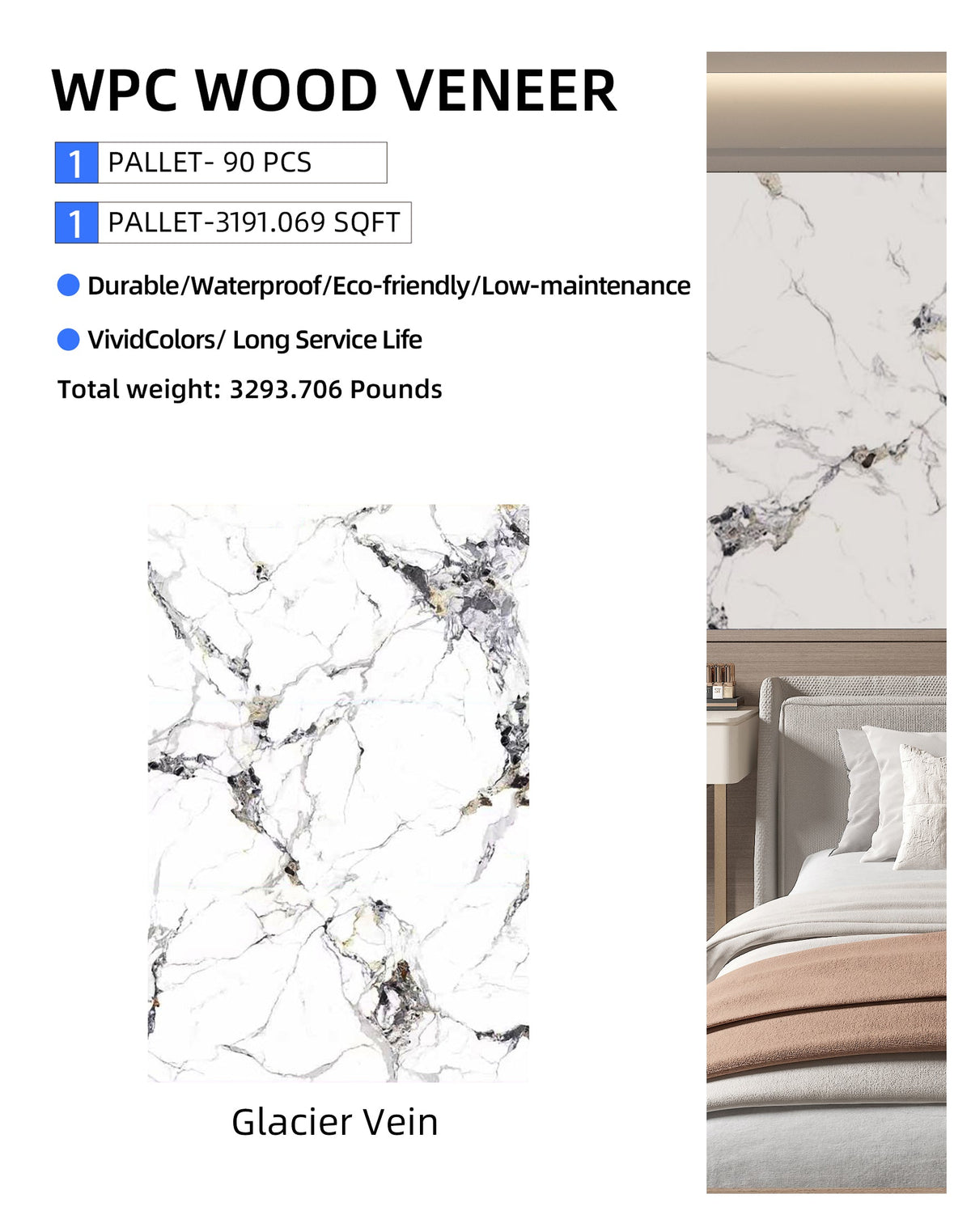 Glacier Vein wall panel information graphic with full marble pattern sample and bedroom installation preview