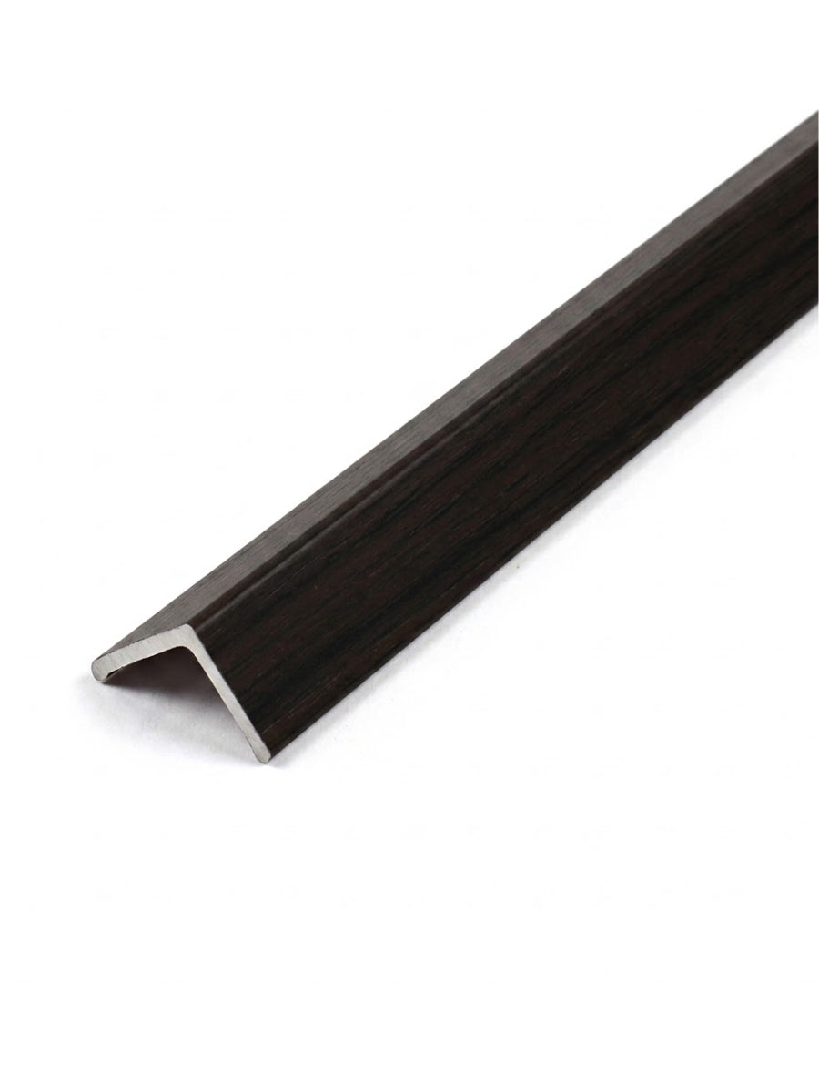 Dark brown woodgrain corner trim for acoustic and fluted wall panels