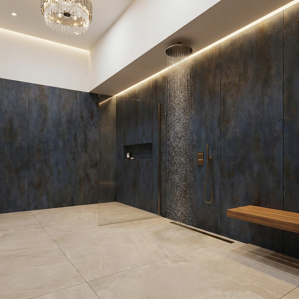 Seamless charcoal PVC panels for bathroom renovation