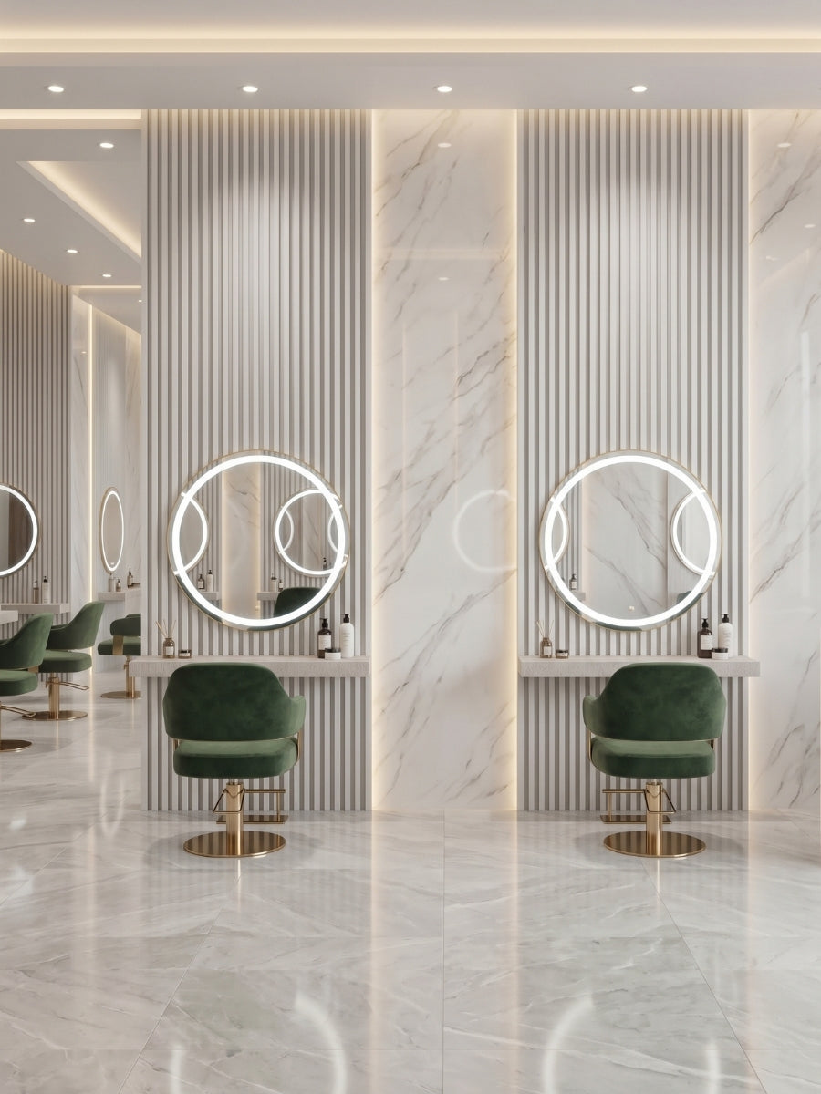 White brushed WPC fluted wall panels surrounding round illuminated mirrors in a modern salon