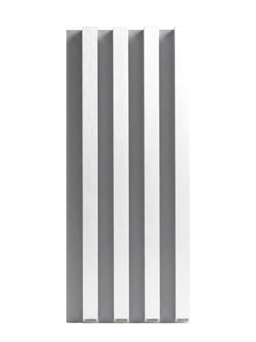 White brushed WPC fluted 3D wall panel with raised vertical slats and gray recessed grooves