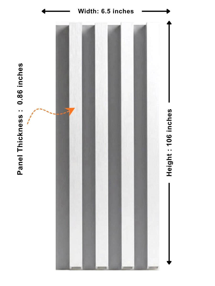 White brushed WPC fluted wall panel diagram showing 6.5-inch width, 106-inch height, and 0.86-inch thickness