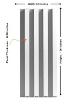 White brushed WPC fluted wall panel diagram showing 6.5-inch width, 106-inch height, and 0.86-inch thickness