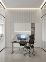 White brushed WPC fluted 3D wall panels installed behind a desk in a glass-walled office