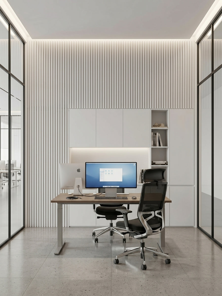 White brushed WPC fluted 3D wall panels installed behind a desk in a glass-walled office