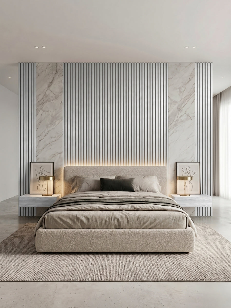 White fluted WPC panels paired with marble-look sections on a modern bedroom headboard wall