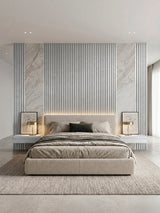 White fluted WPC panels paired with marble-look sections on a modern bedroom headboard wall