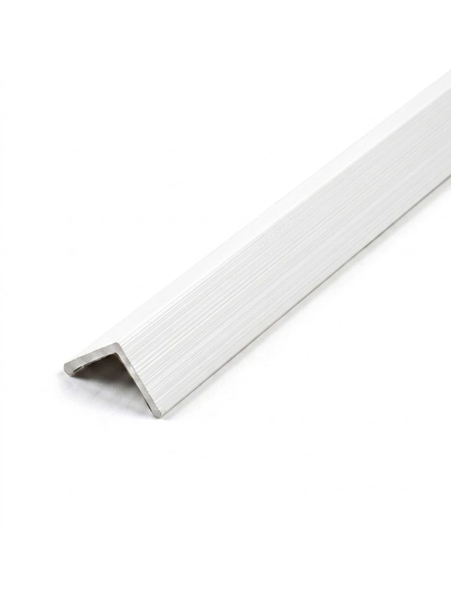 Close-up of white brushed L-shaped trim for WPC fluted 3D wall panels