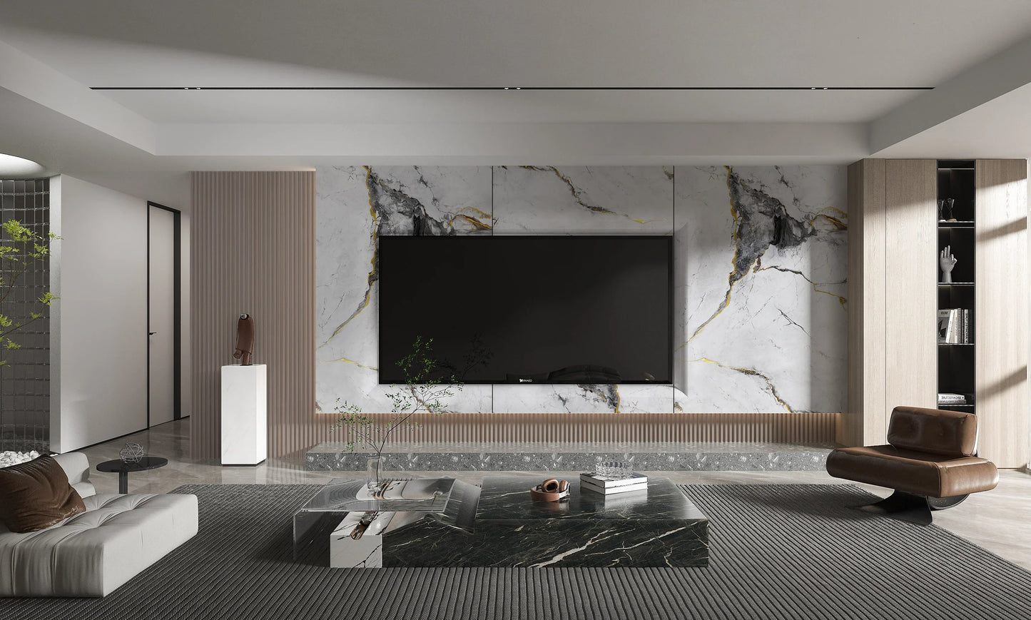 Modern living room with a large flat-screen TV mounted on a marble wall.
White Deep Gray Marble Panel
UV Protected PVC Wall Panel
Fireproof Waterproof Marble Sheet
4x8 ft Decorative Wall Panel
Durable Indoor Marble Wall Panel