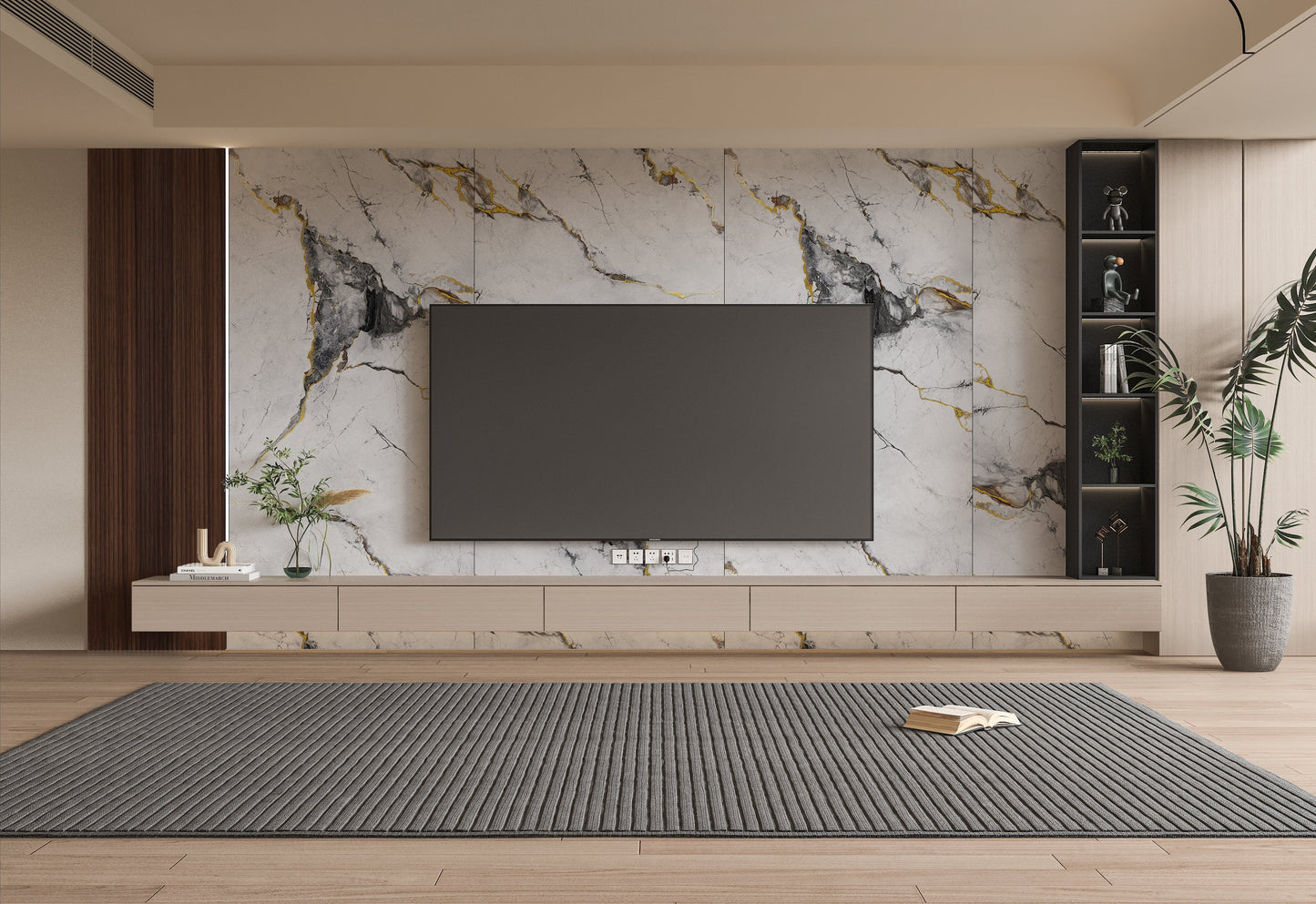 Modern living room with a large flat-screen TV mounted on a marble wall. 
White Deep Gray Marble Panel
UV Protected PVC Wall Panel
Fireproof Waterproof Marble Sheet
4x8 ft Decorative Wall Panel
Durable Indoor Marble Wall Panel