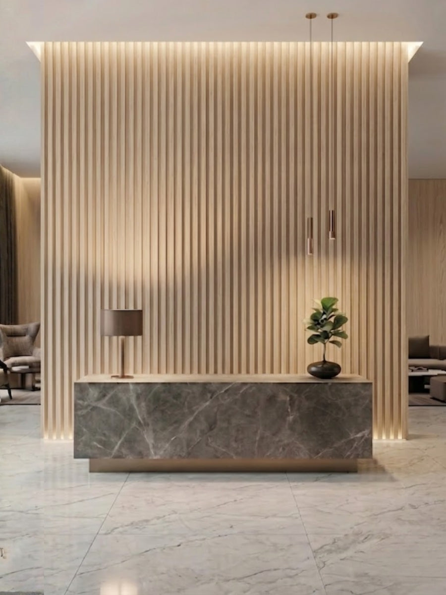 White Oak Fluted Wall Panels for Office Reception Counter Background