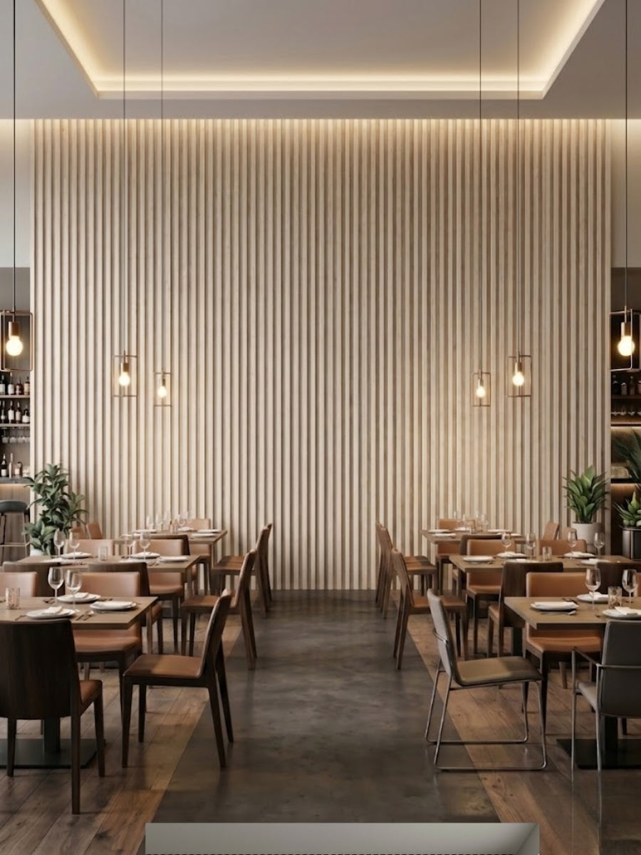 White Oak WPC Fluted Wall Panels for Modern Restaurant Interior Design