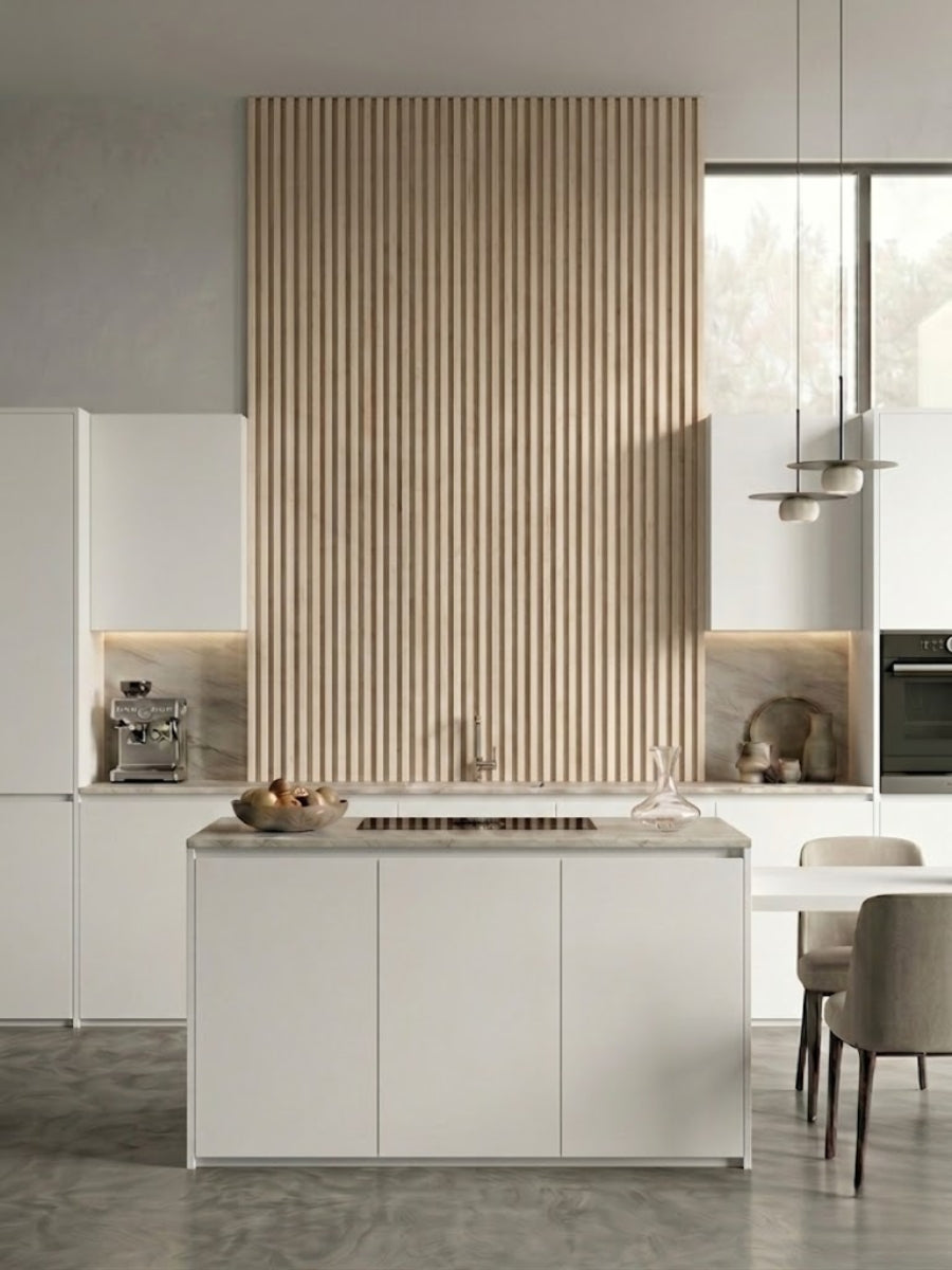 White Oak WPC Fluted Wall Panels for Contemporary Kitchen Interiors