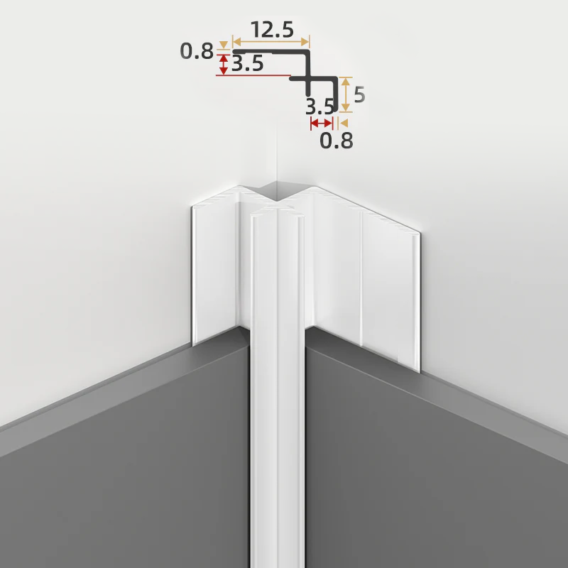 White 3mm aluminum inside corner trim fitted between PVC wall panels with profile dimensions shown