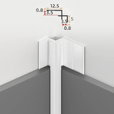 White 3mm aluminum inside corner trim fitted between PVC wall panels with profile dimensions shown