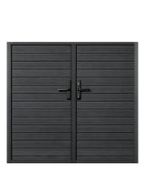 6x6 black aluminum premium full privacy double fence gate with horizontal slat design, heavy-duty frame, handles and locking hardware.