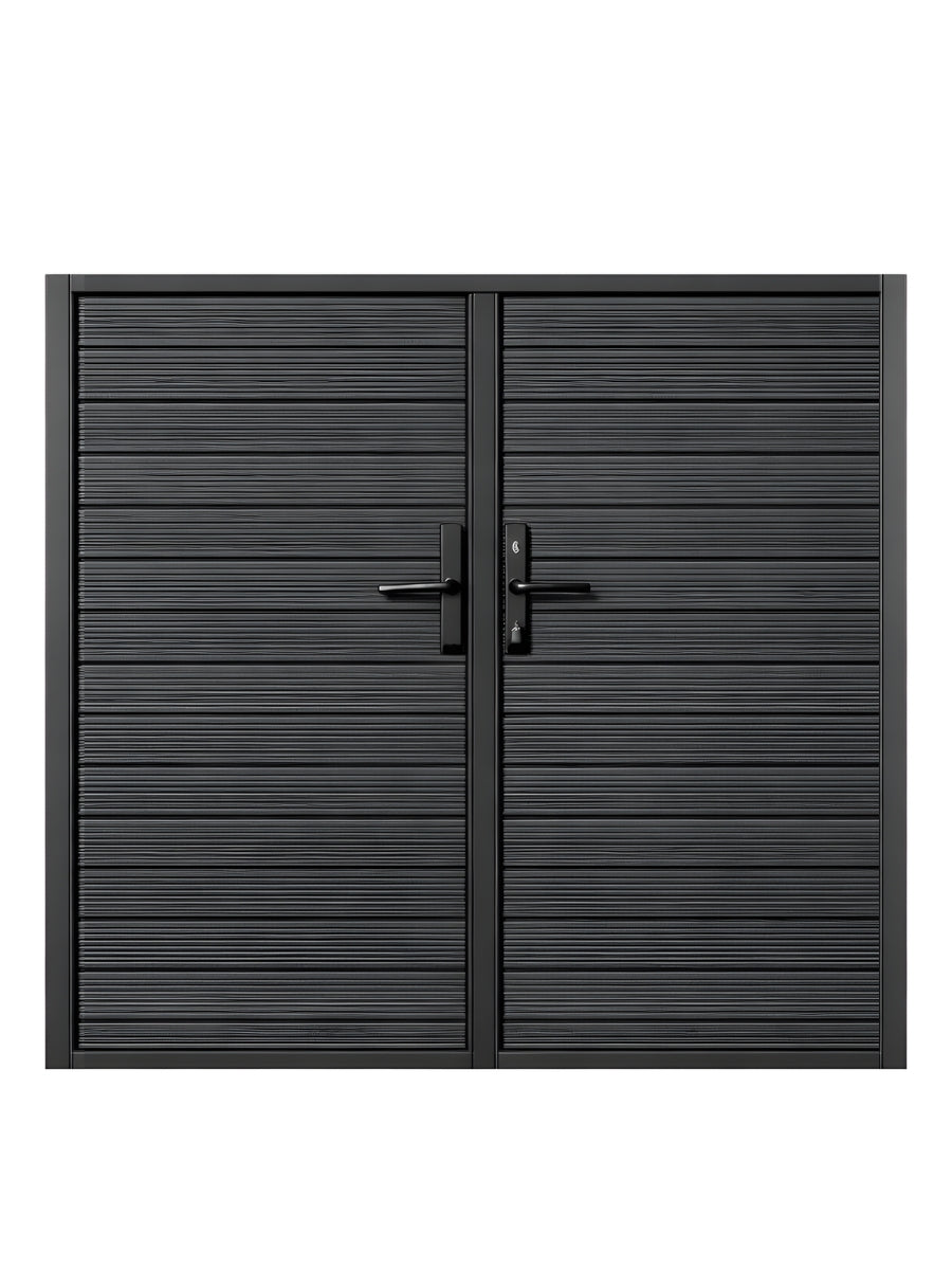 6x6 black aluminum premium full privacy double fence gate with horizontal slat design, heavy-duty frame, handles and locking hardware.