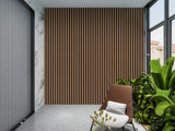 Oak gray WPC fluted wall panel feature wall in modern interior corner with natural light