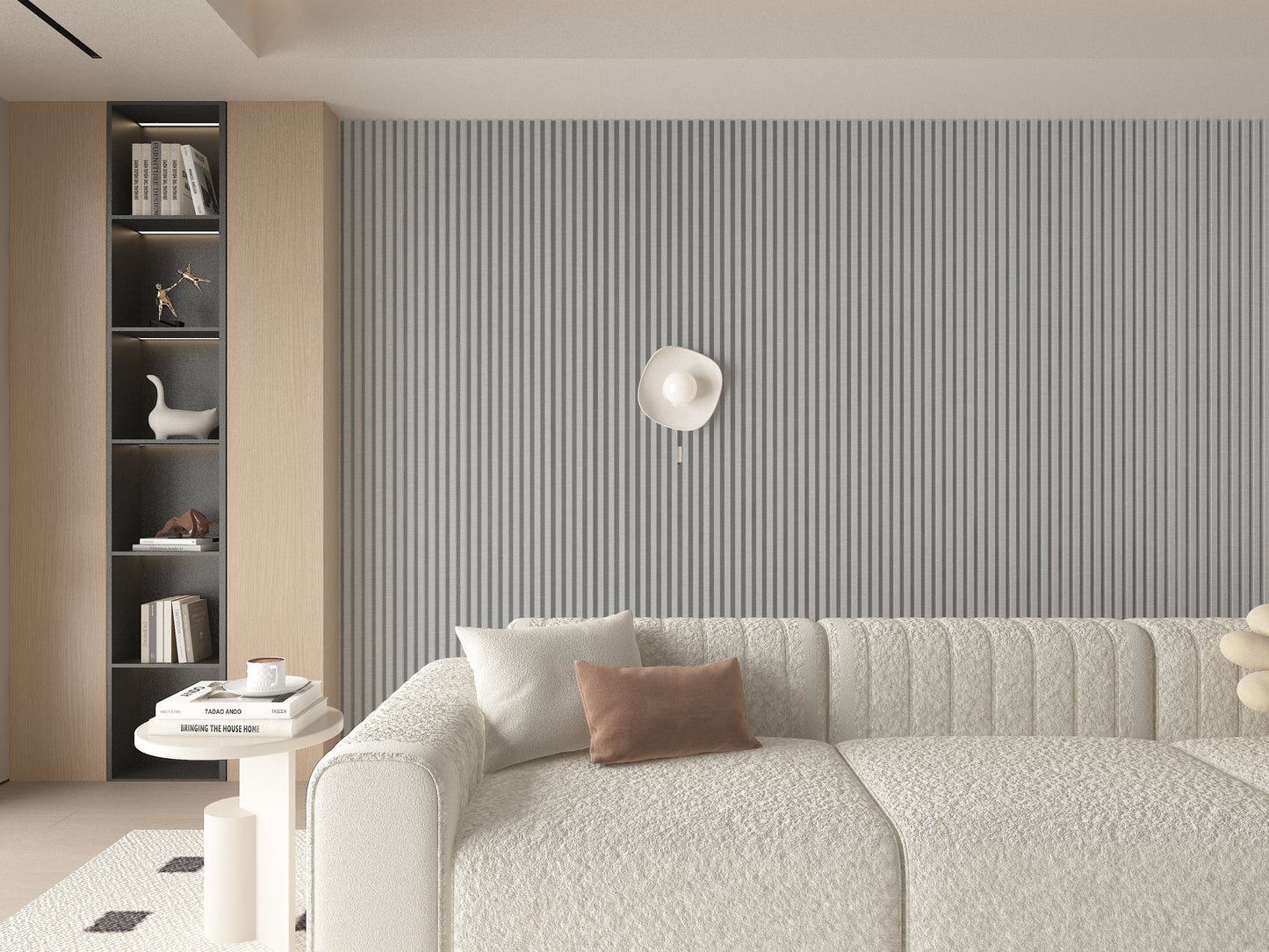 White linen WPC Fluted 3D Wall Panels. Wall Panel Market. Living Room Design With WPC Fluted Wall Panels