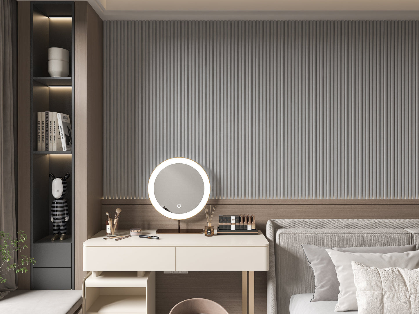 White linen WPC Fluted 3D Wall Panels. Wall Panel Market. Bedroom Wall Design