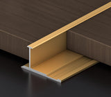 Gold 3mm aluminum H-joint connection trim fitted between dark wood-look wall panels