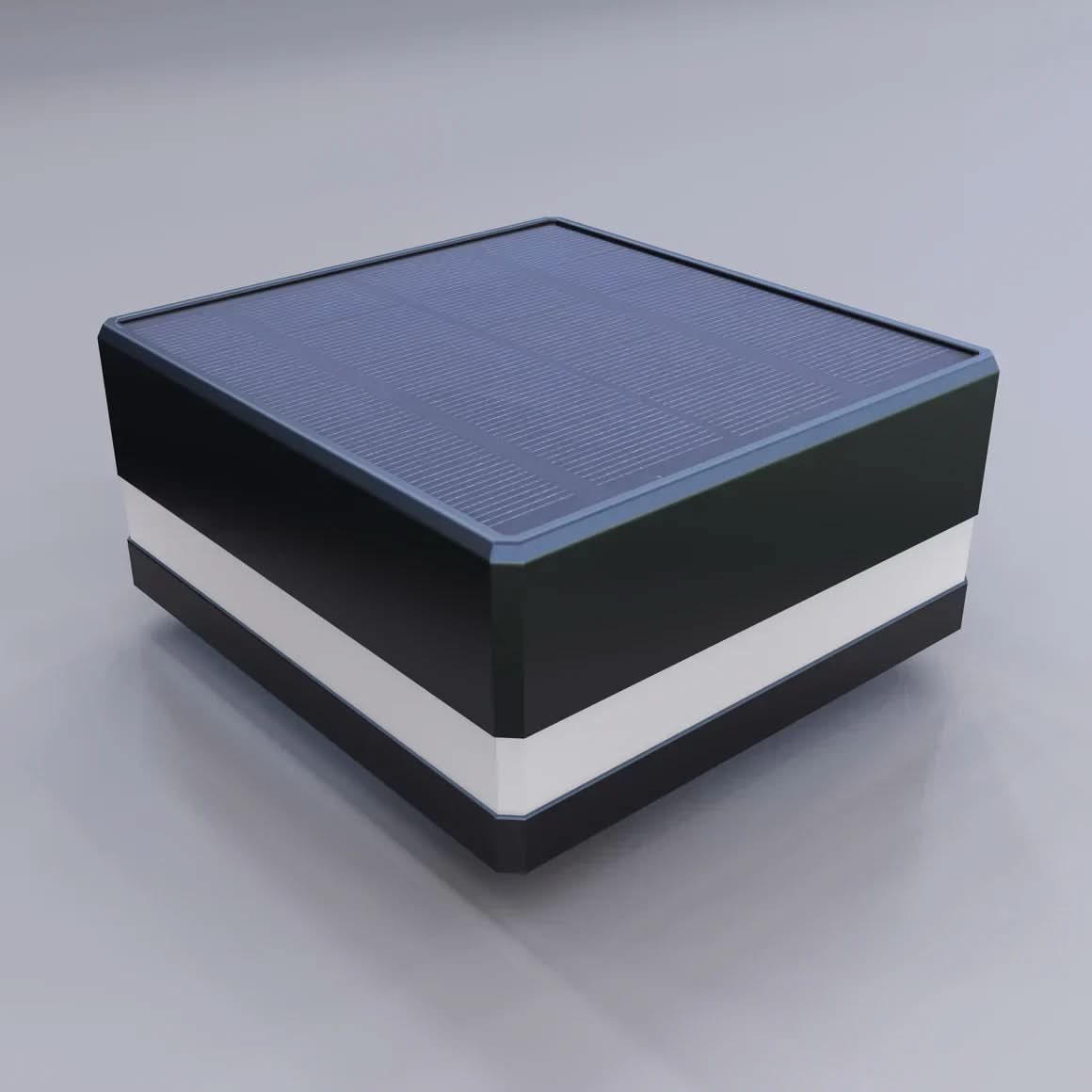 Dark square LED fence post cap with a top solar panel and white light band