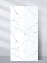 White Gray Pearl Marble PVC wall panel with fine gray veining, shown upright in a 4 x 8 ft sheet.