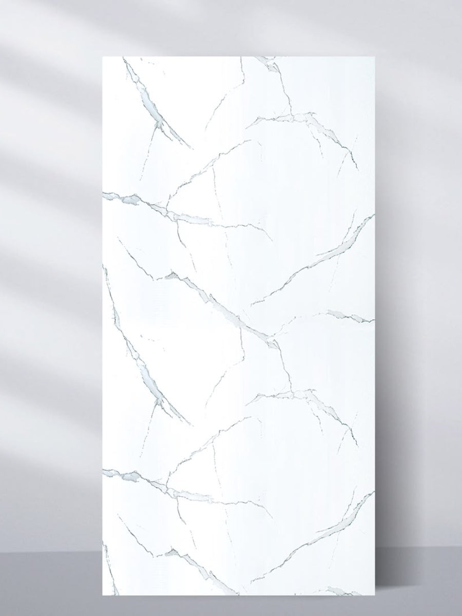White Gray Pearl Marble PVC wall panel with fine gray veining, shown upright in a 4 x 8 ft sheet.