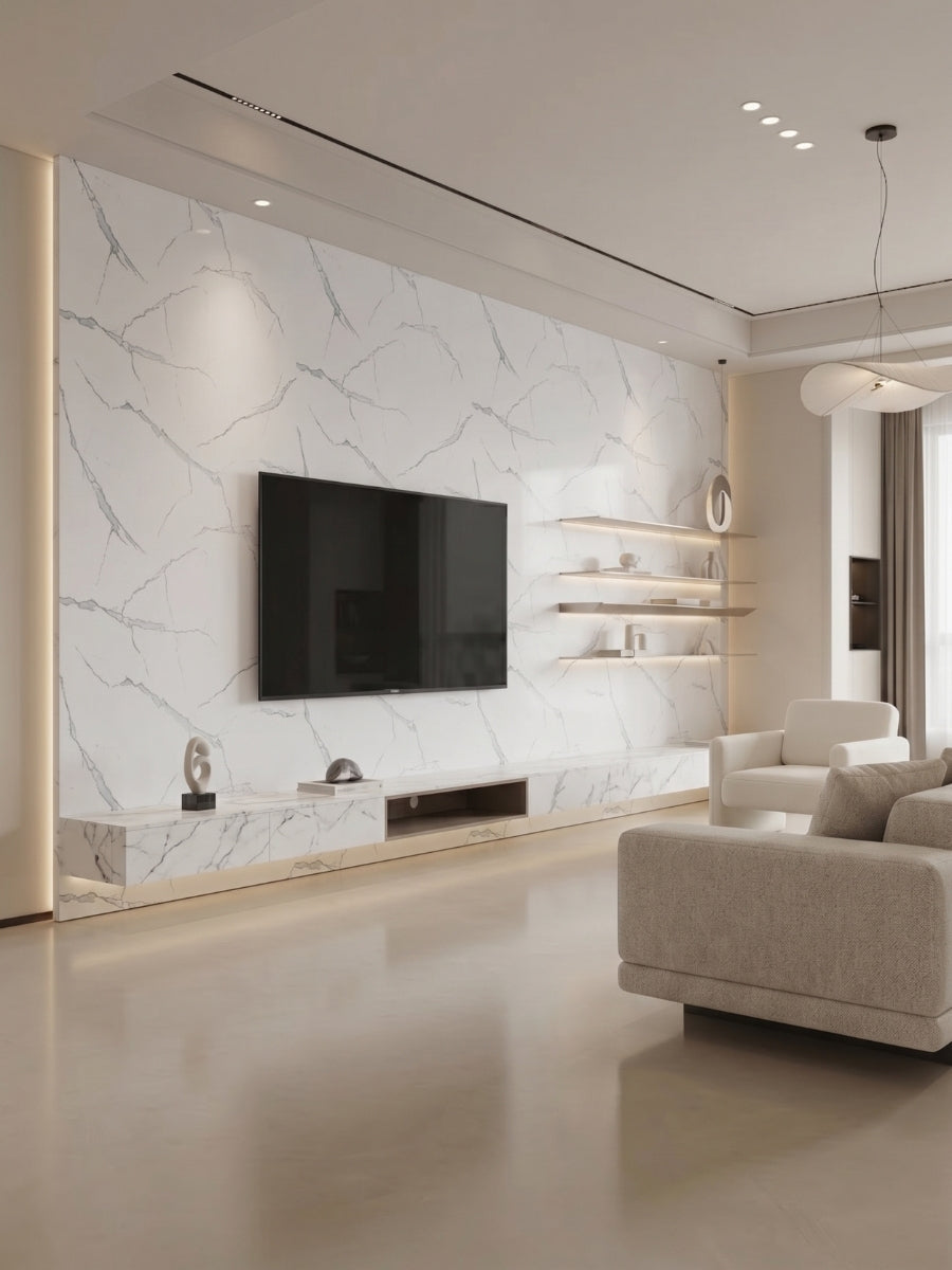 White Gray Pearl Marble PVC panels installed as a modern living room media wall behind a mounted TV and shelves.