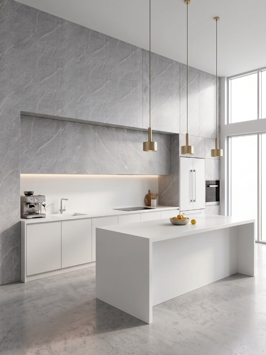 Ash gray marble PVC wall panels installed as a feature wall in a modern white kitchen