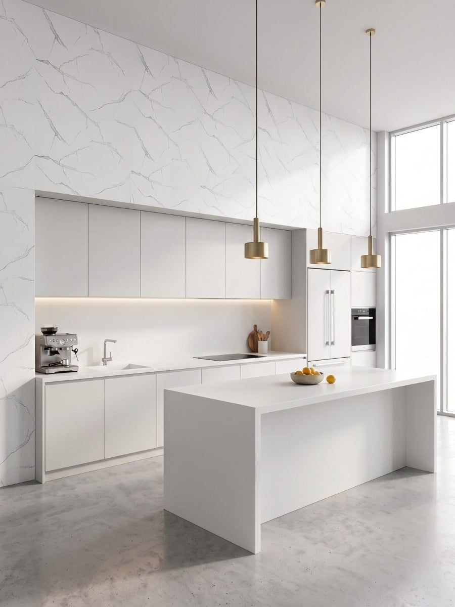 White Gray Pearl Marble PVC wall panels above sleek white cabinets and an island in a bright modern kitchen.