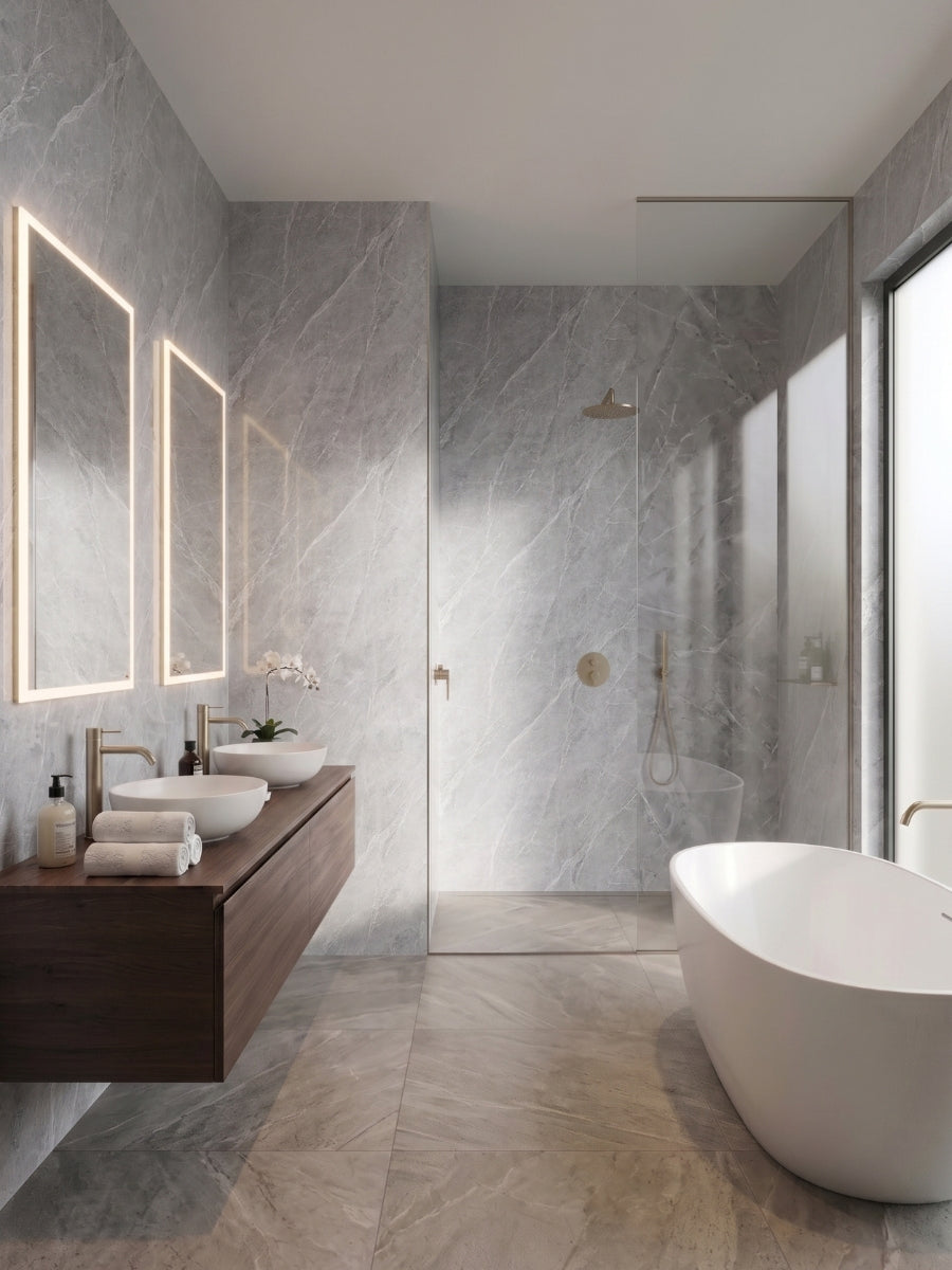 Ash gray marble PVC wall panels surrounding a modern bathroom vanity, shower, and bathtub