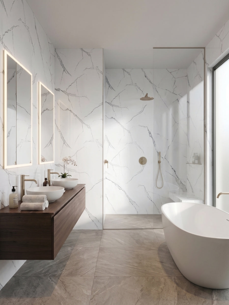 Waterproof White Gray Pearl Marble PVC wall panels surrounding a walk-in shower in a modern bathroom.