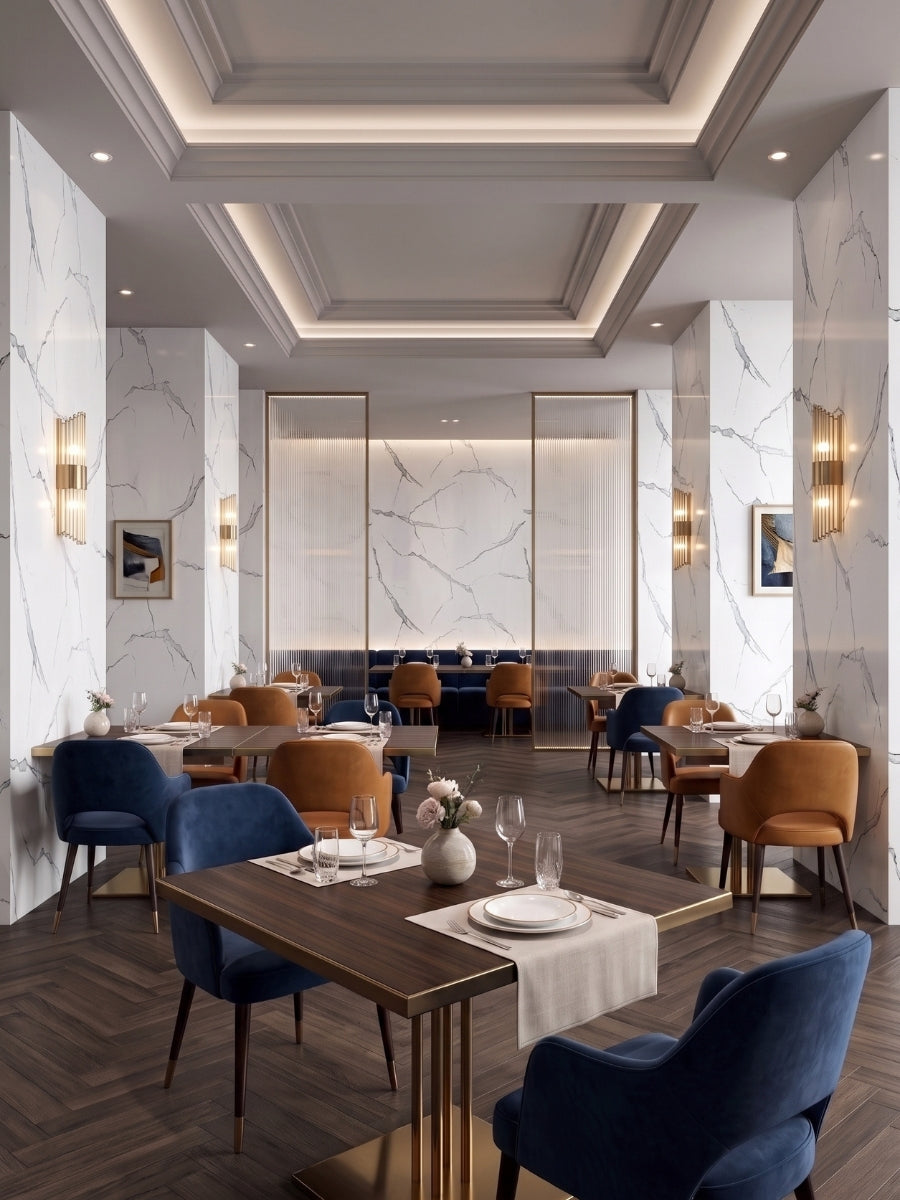 White Gray Pearl Marble PVC panels covering columns and an accent wall in an elegant restaurant dining room.