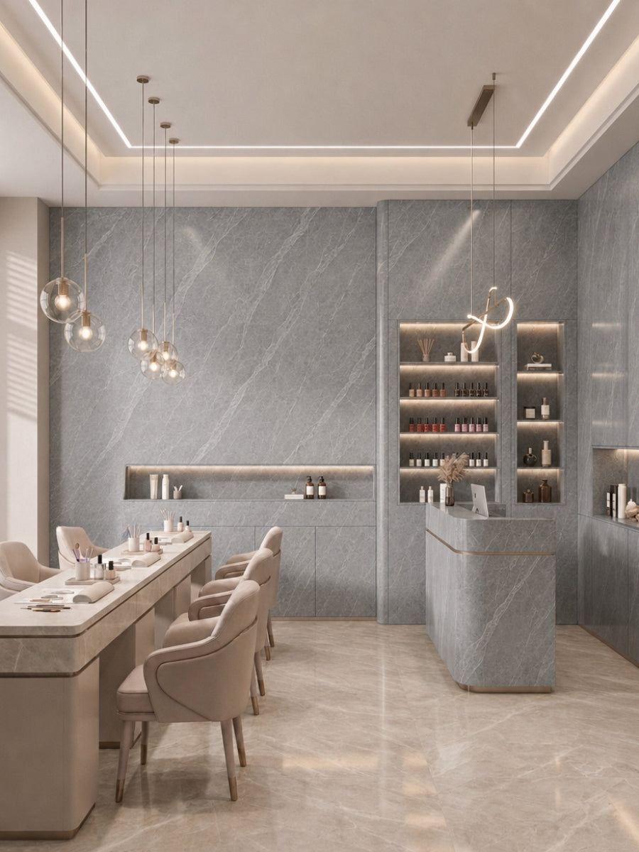 Contemporary salon with ash gray marble PVC wall panels, manicure stations, and display shelving