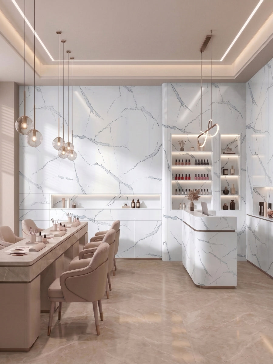 White Gray Pearl Marble PVC wall panels with soft integrated lighting in a contemporary dining and bar area.