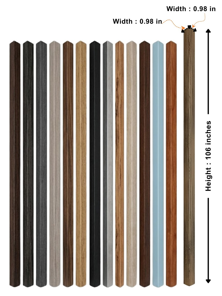 Assorted trims for acoustic and fluted wall panels shown with 0.98-inch width and 106-inch height dimensions