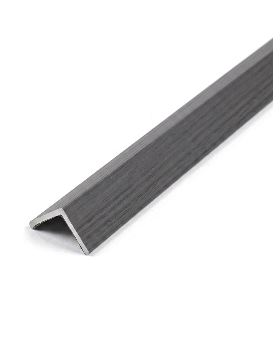 Slate gray woodgrain corner trim for acoustic and fluted wall panels