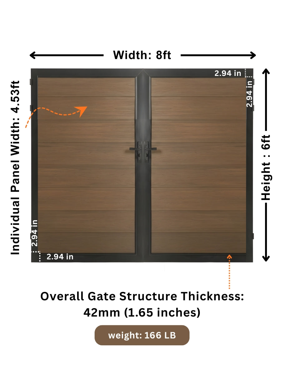 8ft x 6ft WPC double fence gate dimensions showing brown wood-grain panels, black frame and 42mm thickness