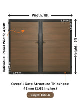 8ft x 6ft WPC double fence gate dimensions showing brown wood-grain panels, black frame and 42mm thickness