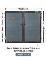 8ft x 6ft gray WPC double fence gate dimensions showing 4.53ft panels, 42mm thickness and 166 lb weight