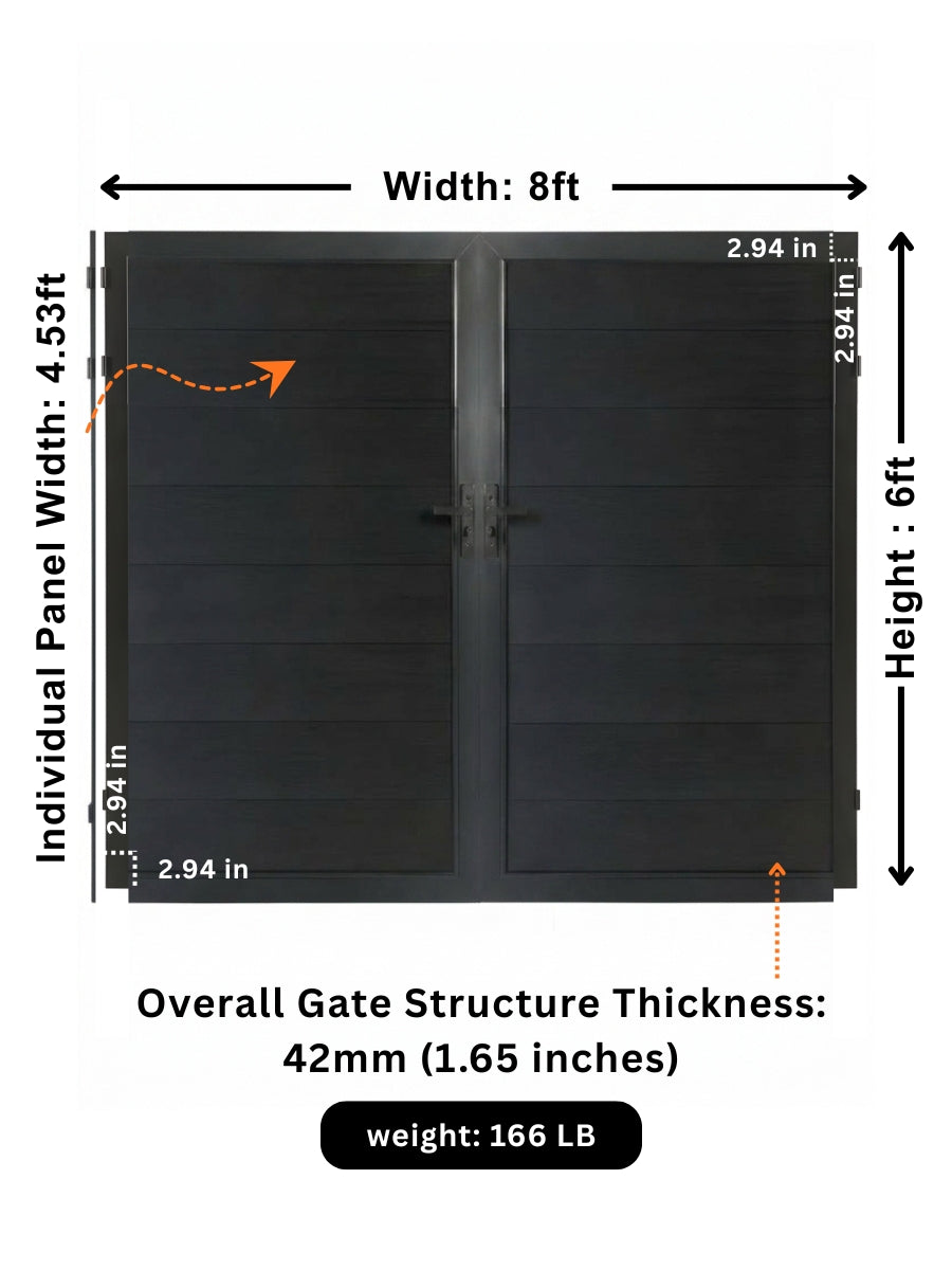 8ft x 6ft black WPC double fence gate dimensions showing 4.53ft panels, 42mm thickness and 166 lb weight